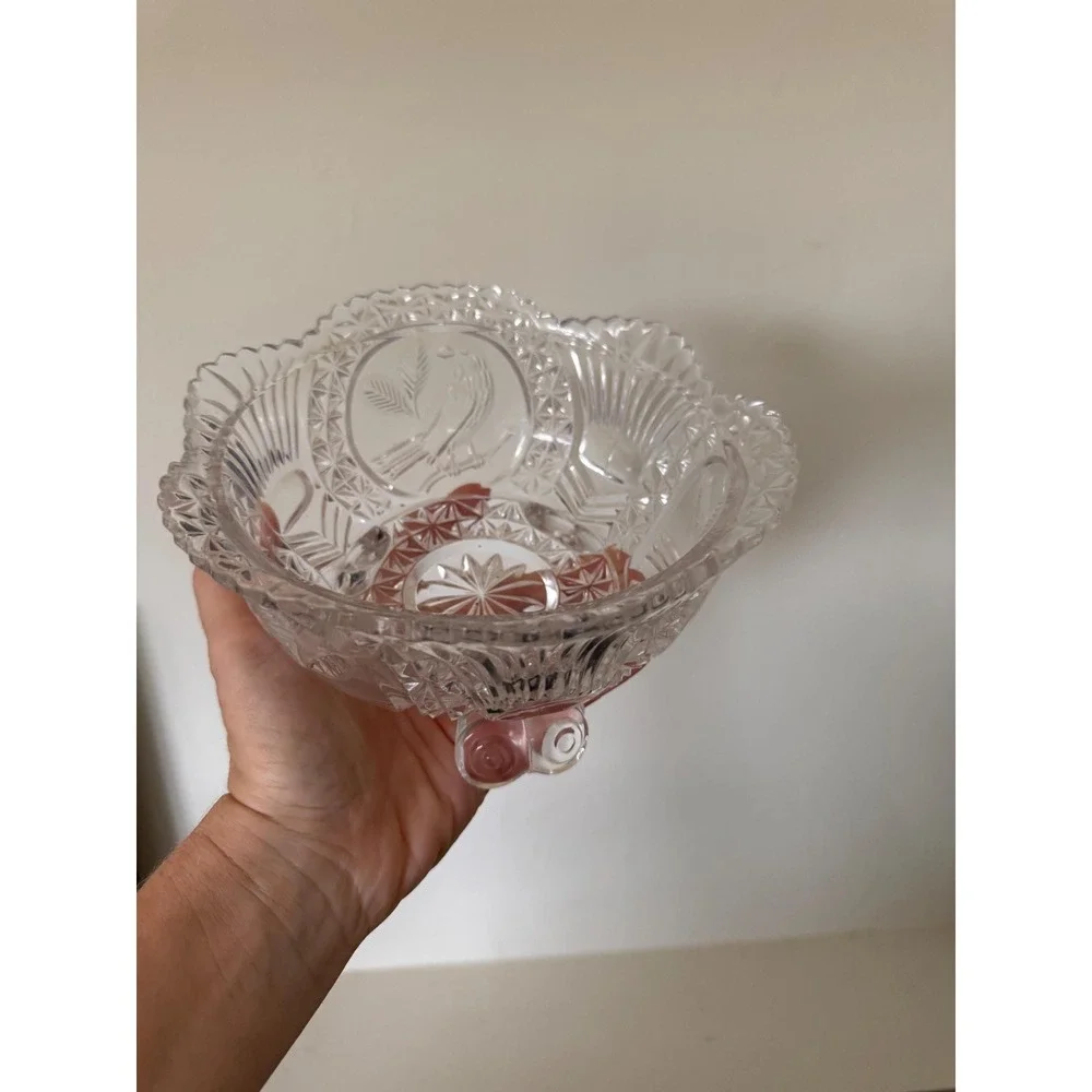 vintage Haufbauer Crystal Footed Bird Bowl with three toes candy dish trinket